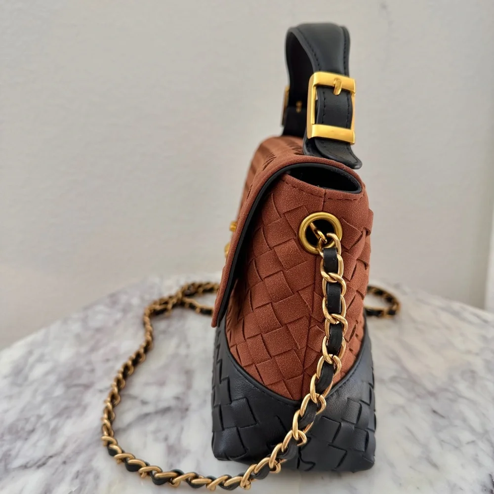 Brown Black Two-Tone Woven Leather Top Handle Crossbody Chain Strap Bag - Picture 7 of 14